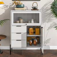 33.46" X 15.74" X 47.2" Wood Sideboard With 3 Drawers, 1 Door, 1 Glass Door, Soft-Close Hinges, Adjustable Shelves