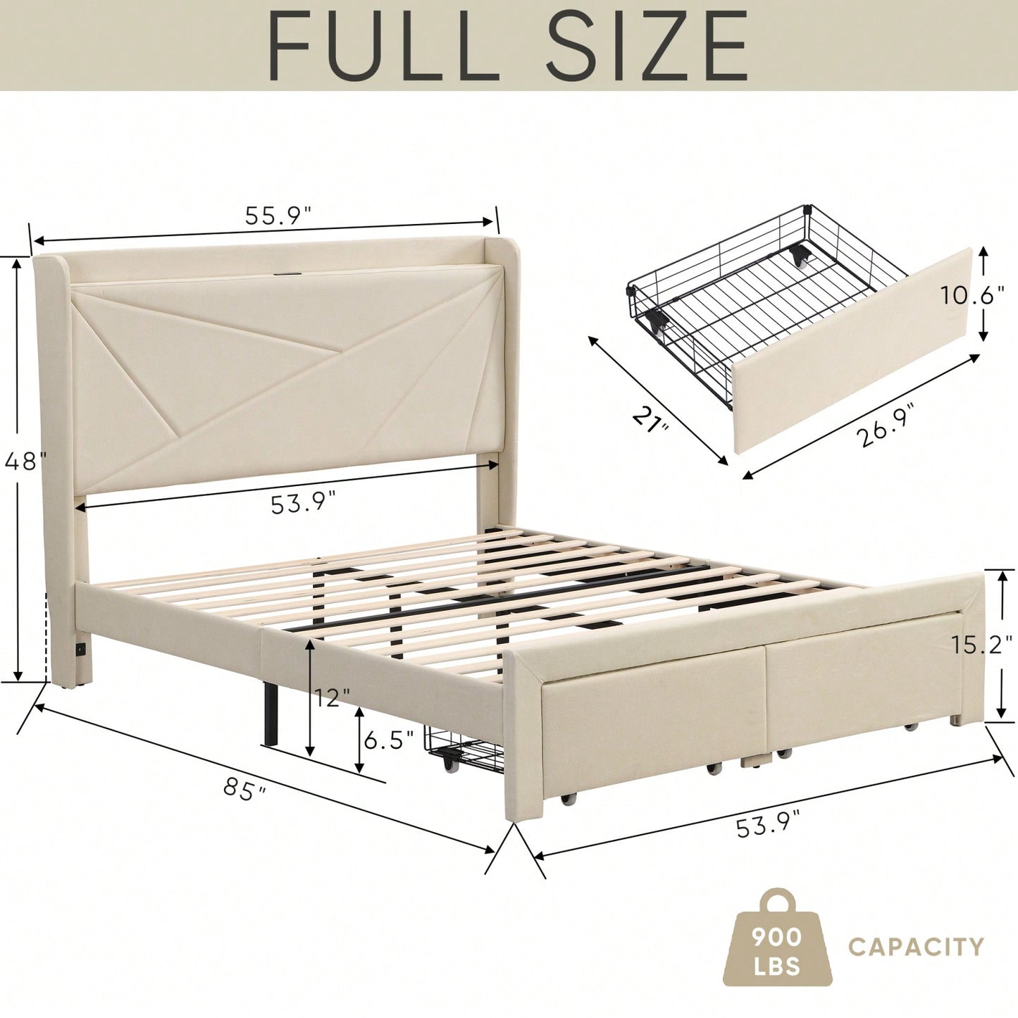 Beige Full Size Bed Frame with Storage Drawers Wingback Headboard USB Charging Stations Sturdy Slat Support No Box Spring Needed