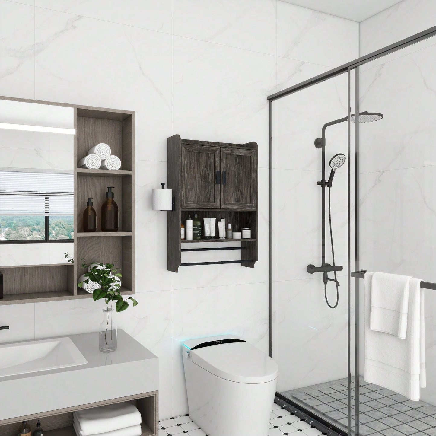 Bathroom Wall Cabinet With Doors, Adjustable Shelf, Towel Bar And Paper Holder