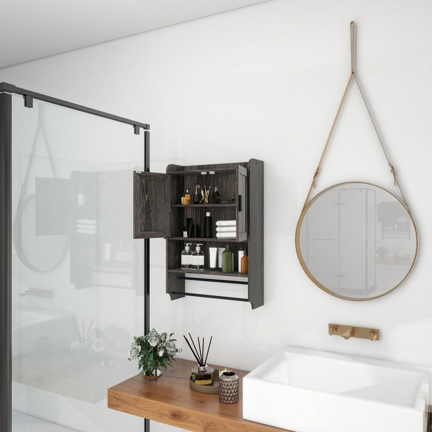 Bathroom Wall Cabinet With Doors, Adjustable Shelf, Towel Bar And Paper Holder