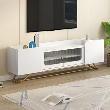 Contemporary TV Stand with Fluted Glass Doors and Faux Marble Top for TVs Up to 70 Inches Stylish Entertainment Center