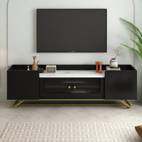 Contemporary TV Stand with Fluted Glass Doors and Faux Marble Top for TVs Up to 70 Inches Stylish Entertainment Center