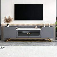 Contemporary TV Stand with Fluted Glass Doors and Faux Marble Top for TVs Up to 70 Inches Stylish Entertainment Center