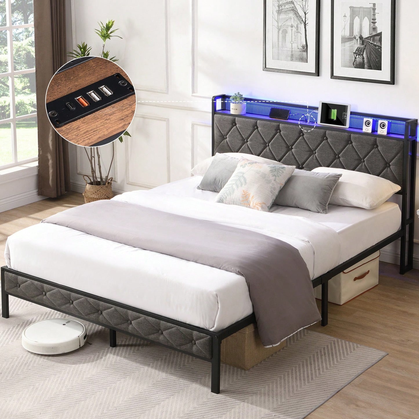 Modern Queen Bed Frame with Storage Headboard LED Lights Charging Ports No Box Spring Needed