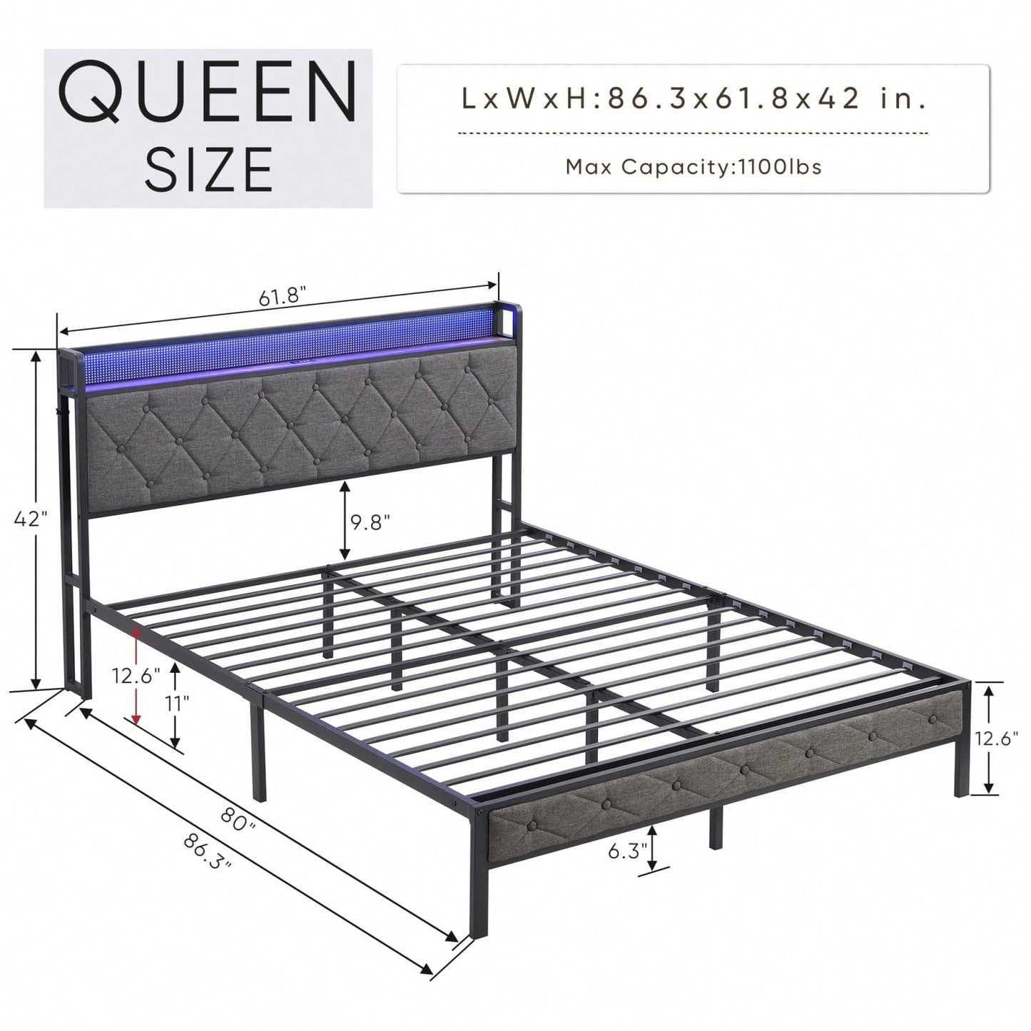 Modern Queen Bed Frame with Storage Headboard LED Lights Charging Ports No Box Spring Needed