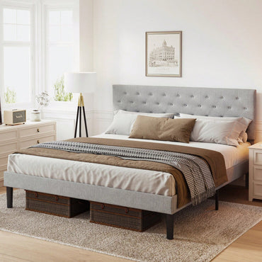 King Size Grey Bed Frame with Adjustable Headboard and Wooden Slats for 705 Lbs Capacity Easy Assembly