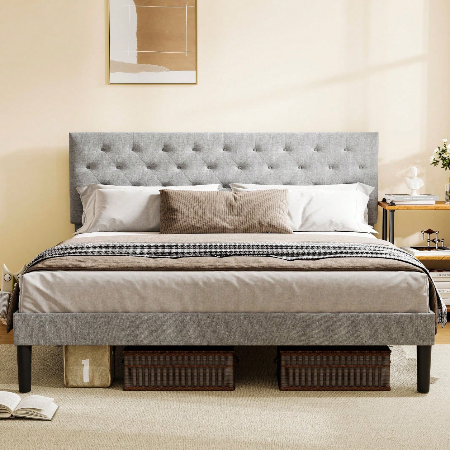 King Size Grey Bed Frame with Adjustable Headboard and Wooden Slats for 705 Lbs Capacity Easy Assembly