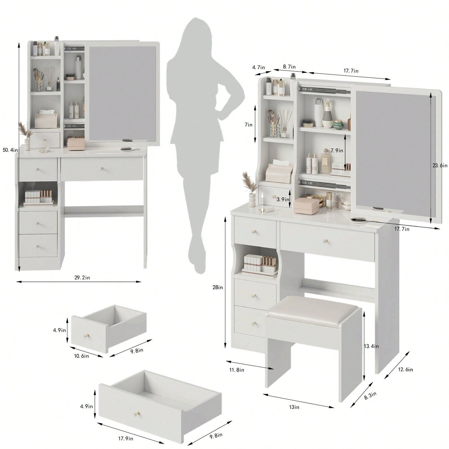 Compact Vanity Table with Cushioned Stool and Large Sliding Mirror for Girls Up to 5.6ft Tall