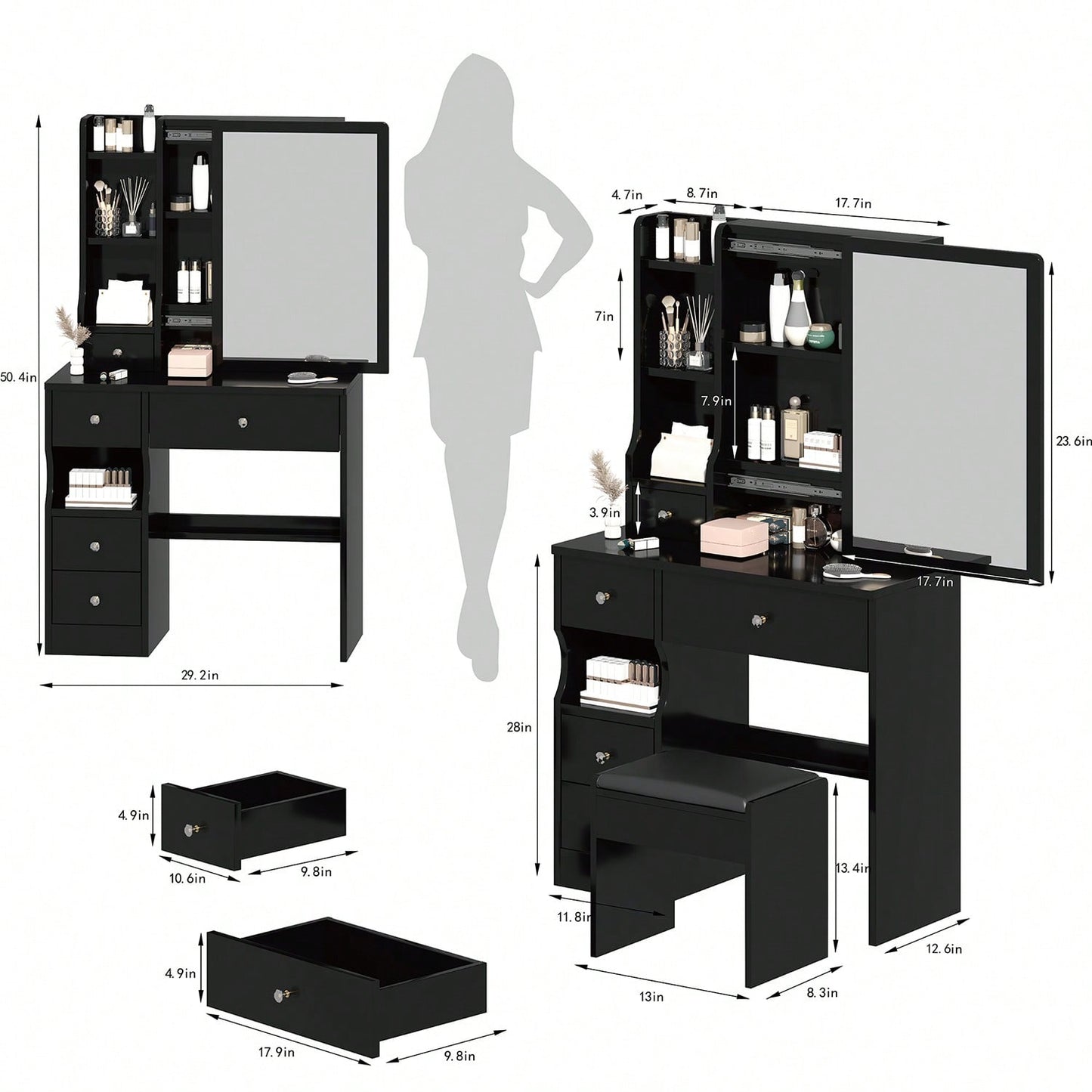 Compact Vanity Table with Cushioned Stool and Large Sliding Mirror for Girls Up to 5.6ft Tall