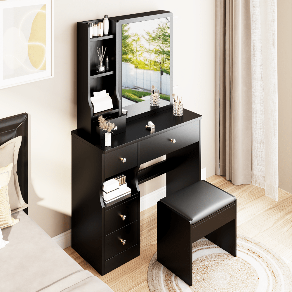 Compact Vanity Table with Cushioned Stool and Large Sliding Mirror for Girls Up to 5.6ft Tall