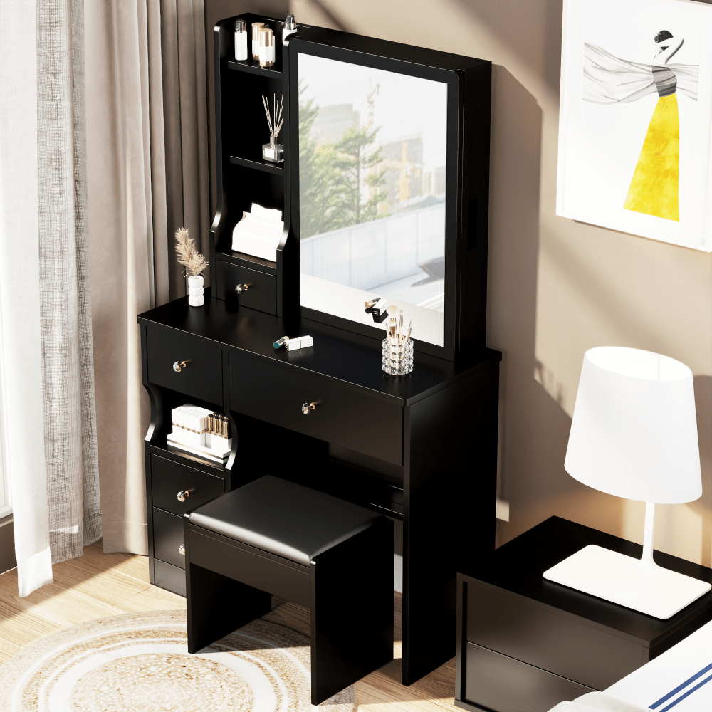 Compact Vanity Table with Cushioned Stool and Large Sliding Mirror for Girls Up to 5.6ft Tall