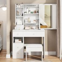 Compact Vanity Table with Cushioned Stool and Large Sliding Mirror for Girls Up to 5.6ft Tall