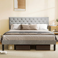 Queen Grey Bed Frame with Adjustable Headboard Wooden Slats Center Support 705 Lbs Capacity Easy Assembly Under Bed Storage