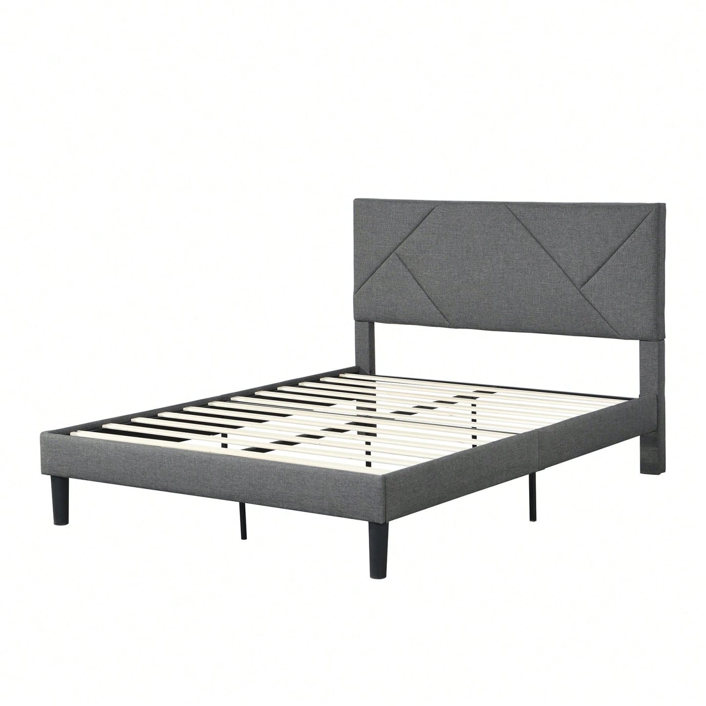 Modern Grey Queen Size Upholstered Platform Bed Frame with Wood Slat Support No Box Spring Needed Easy Assembly