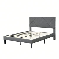 Modern Grey Queen Size Upholstered Platform Bed Frame with Wood Slat Support No Box Spring Needed Easy Assembly