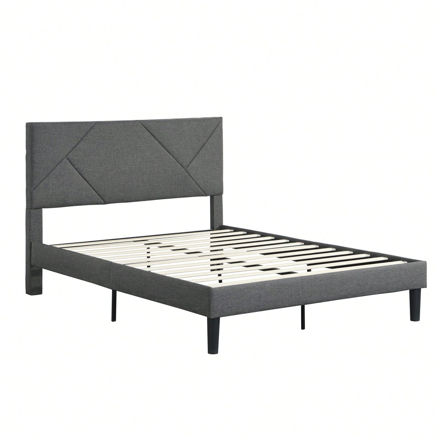 Modern Grey Queen Size Upholstered Platform Bed Frame with Wood Slat Support No Box Spring Needed Easy Assembly