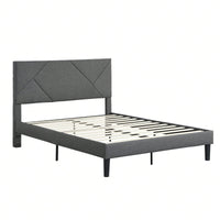 Modern Grey Queen Size Upholstered Platform Bed Frame with Wood Slat Support No Box Spring Needed Easy Assembly