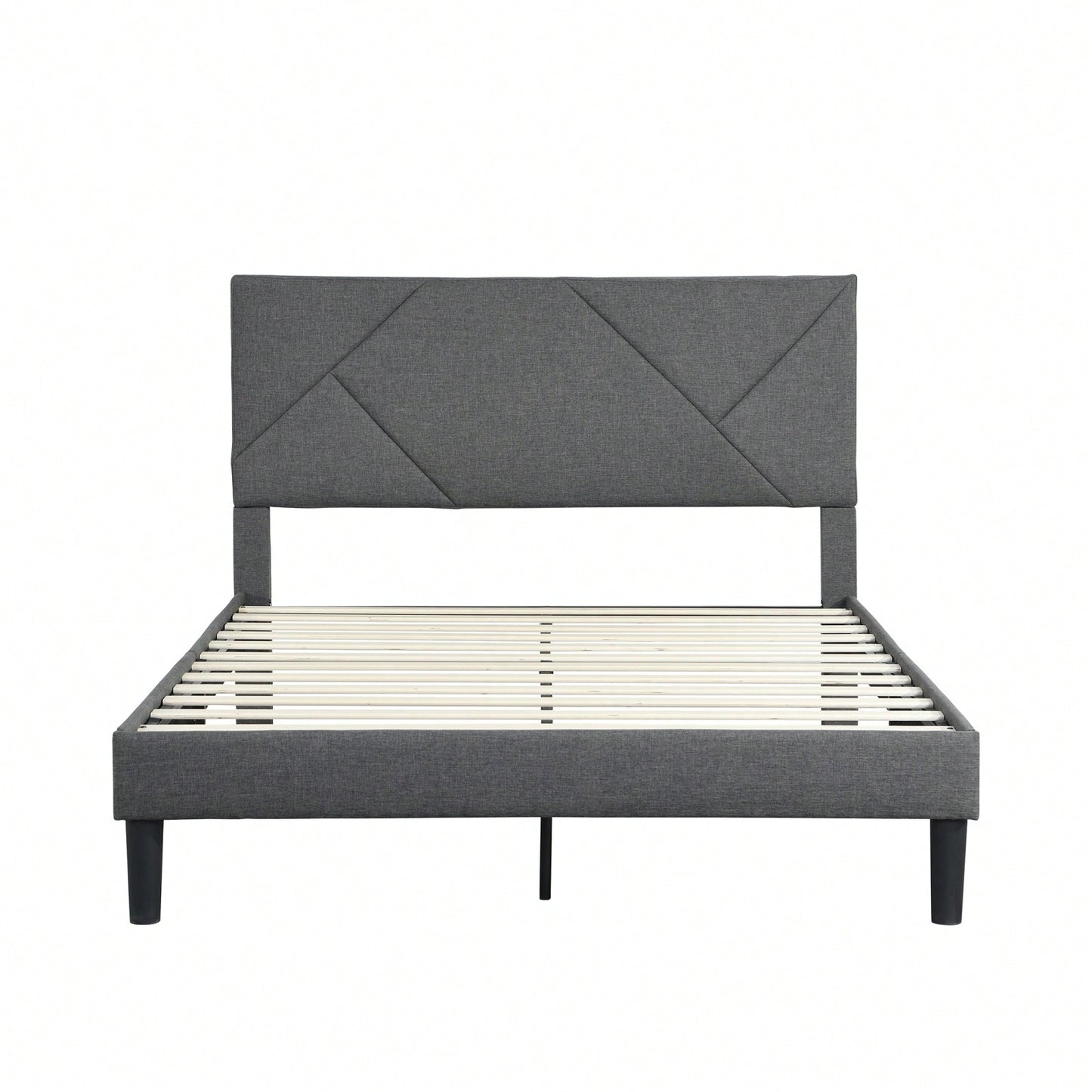 Modern Grey Queen Size Upholstered Platform Bed Frame with Wood Slat Support No Box Spring Needed Easy Assembly
