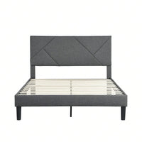 Modern Grey Queen Size Upholstered Platform Bed Frame with Wood Slat Support No Box Spring Needed Easy Assembly