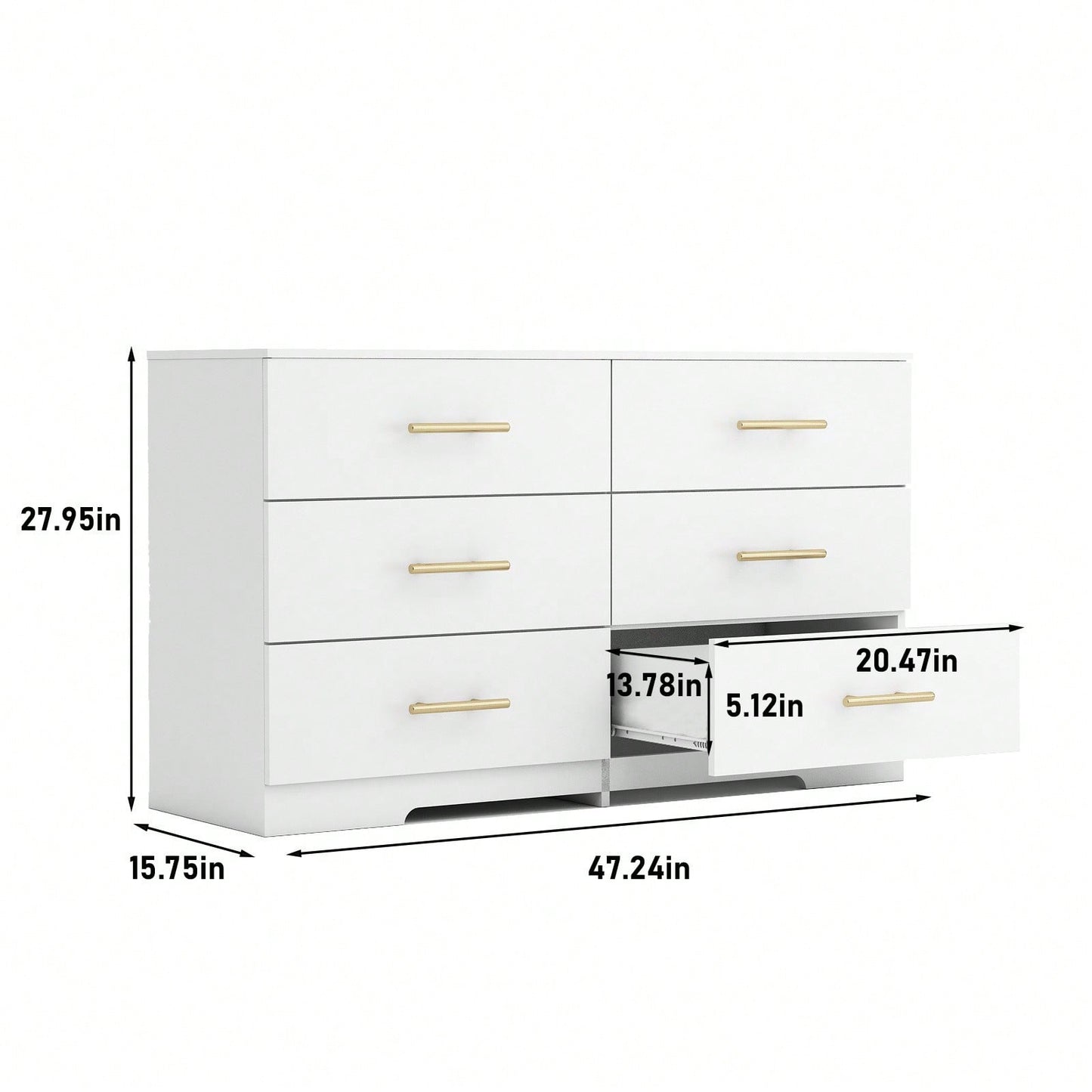 Rustic White 6-Drawer Dresser with Golden Handles for Bedroom Storage Easy Assembly Engineered Wood