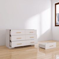 Rustic White 6-Drawer Dresser with Golden Handles for Bedroom Storage Easy Assembly Engineered Wood