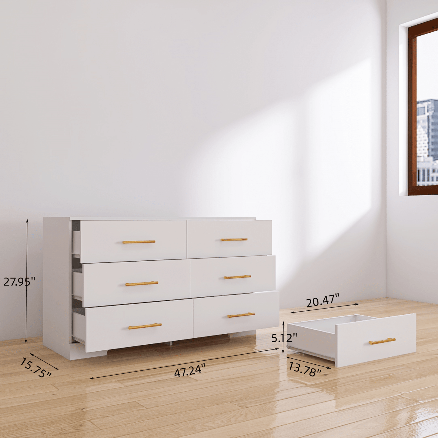 Rustic White 6-Drawer Dresser with Golden Handles for Bedroom Storage Easy Assembly Engineered Wood