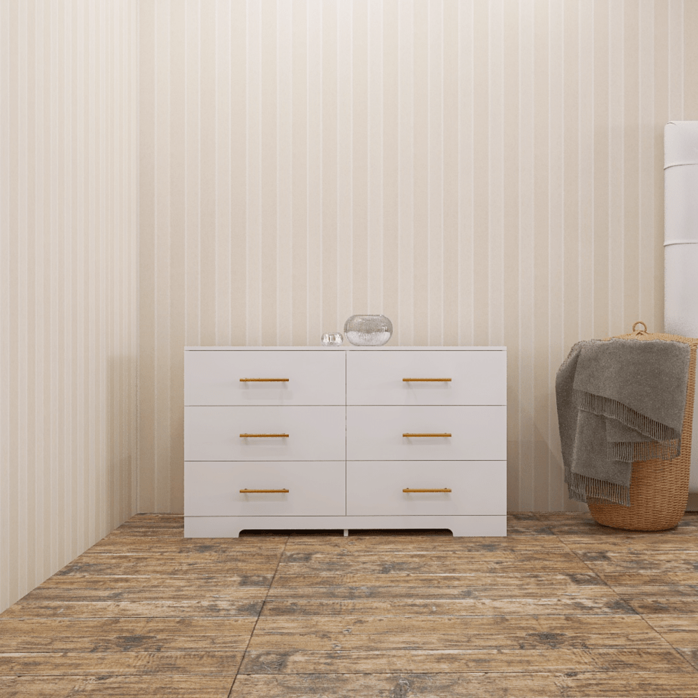 Rustic White 6-Drawer Dresser with Golden Handles for Bedroom Storage Easy Assembly Engineered Wood