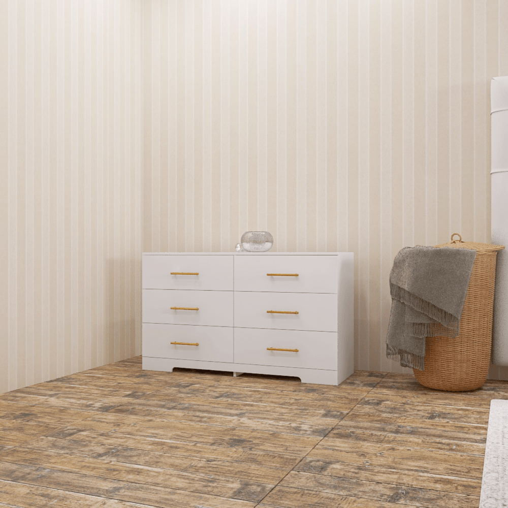 Rustic White 6-Drawer Dresser with Golden Handles for Bedroom Storage Easy Assembly Engineered Wood