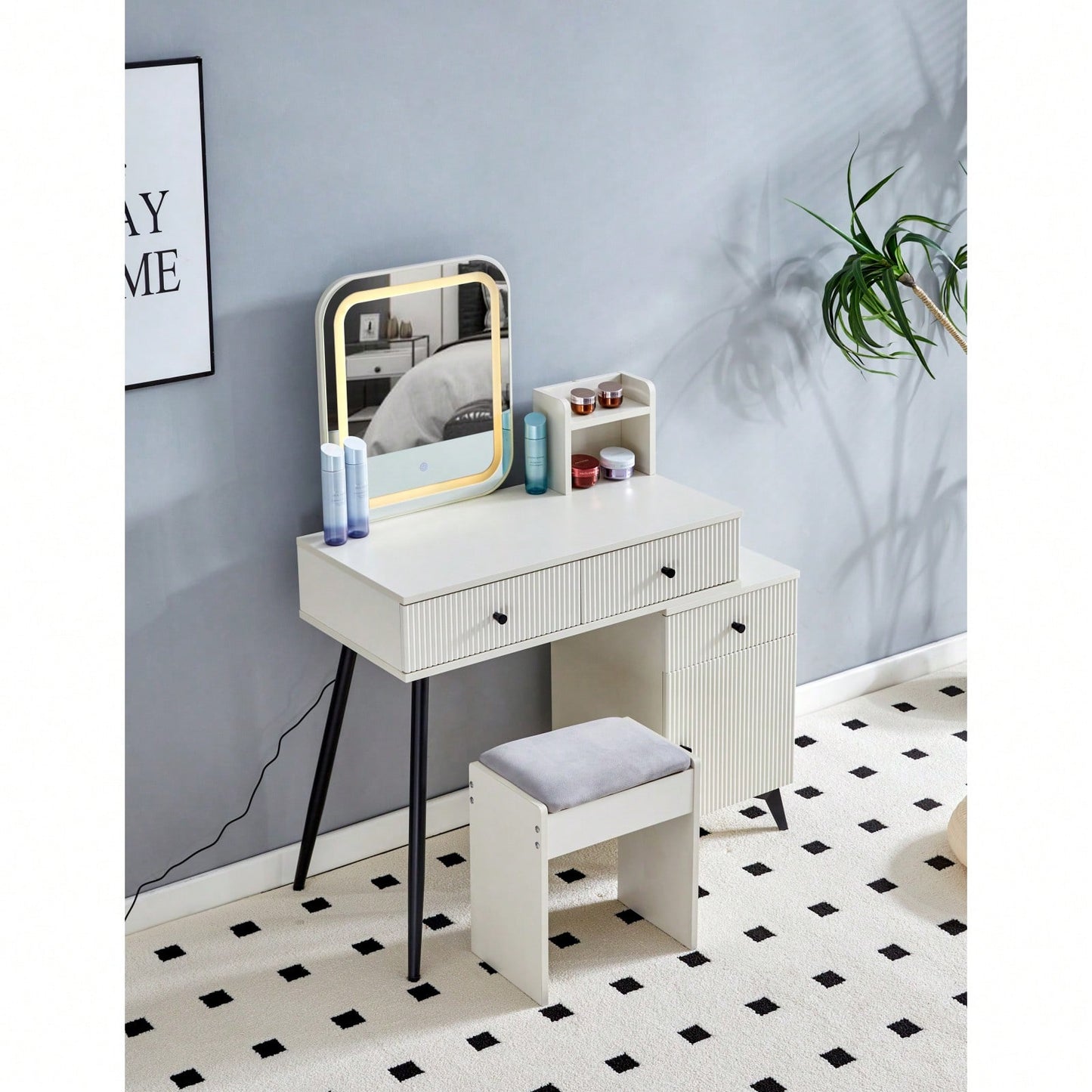 Modern Fluted Makeup Vanity Desk with LED Square Mirror and Lights - Stylish Glass Top Dressing Table with 4 Drawers and Adjustable Shelves