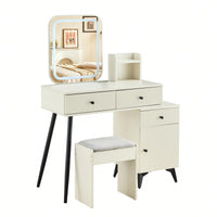 Modern Fluted Makeup Vanity Desk with LED Square Mirror and Lights - Stylish Glass Top Dressing Table with 4 Drawers and Adjustable Shelves