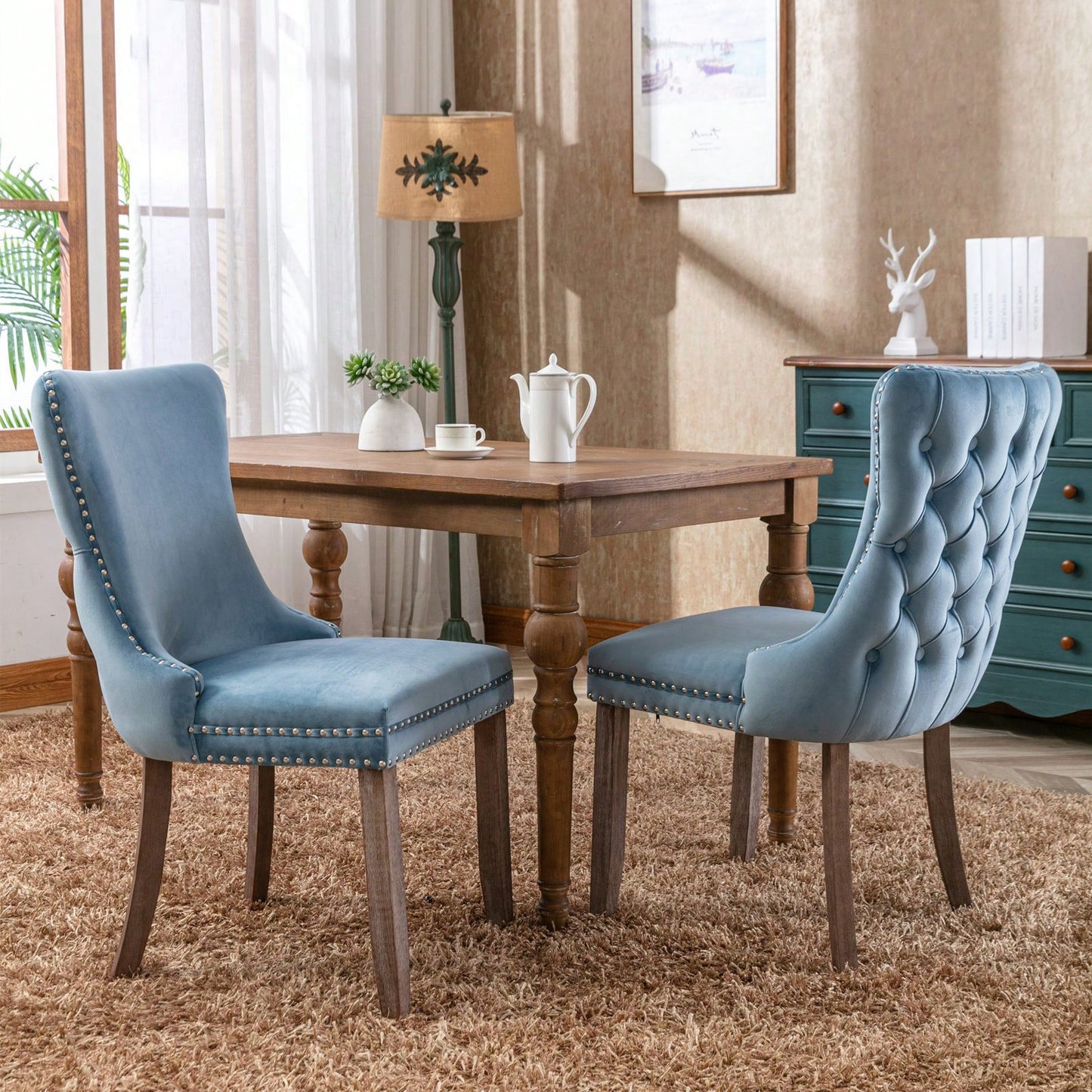 Elegant Velvet Dining Chairs Set of 2 with Nailhead Trim High Backrest Solid Wood Legs Adjustable Height Comfortable Foam Seating