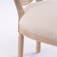 Elegant French Style Solid Wood Oval Back Dining Chairs Set of 2 Cream Linen Upholstery Retro Design