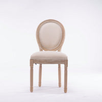 Elegant French Style Solid Wood Oval Back Dining Chairs Set of 2 Cream Linen Upholstery Retro Design