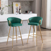 Elegant Green Velvet Bar Stools Set of 2 with Chrome Footrest and Golden Legs for Kitchen or Bar Decor