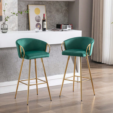 Elegant Green Velvet Bar Stools Set of 2 with Chrome Footrest and Golden Legs for Kitchen or Bar Decor