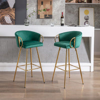 Elegant Green Velvet Bar Stools Set of 2 with Chrome Footrest and Golden Legs for Kitchen or Bar Decor