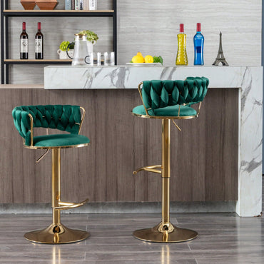 Set Of 2,  Bar Stools, Chrome Footrest Swivel Height Adjustable Mechanical Lifting Velvet + Golden Leg Simple Bar Stool - Green