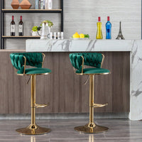 Set Of 2,  Bar Stools, Chrome Footrest Swivel Height Adjustable Mechanical Lifting Velvet + Golden Leg Simple Bar Stool - Green