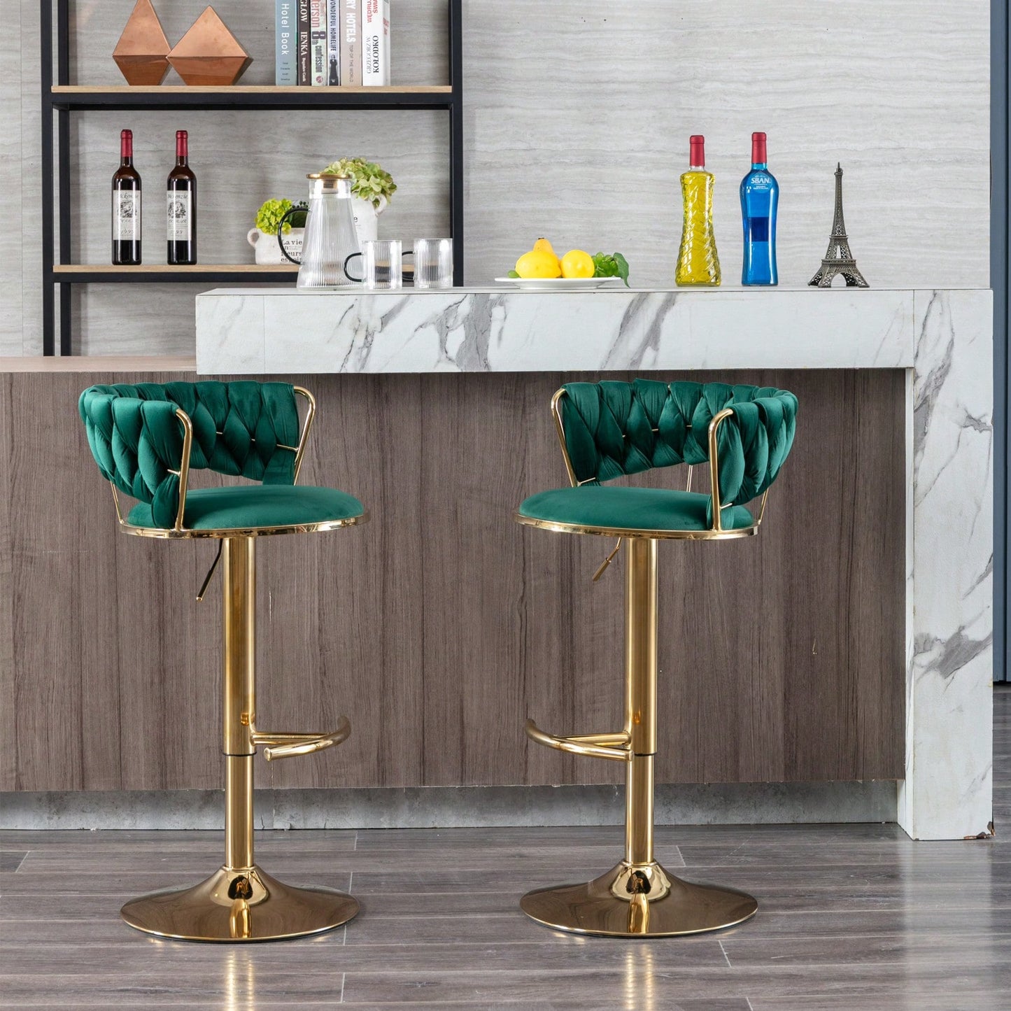 Set Of 2,  Bar Stools, Chrome Footrest Swivel Height Adjustable Mechanical Lifting Velvet + Golden Leg Simple Bar Stool - Green