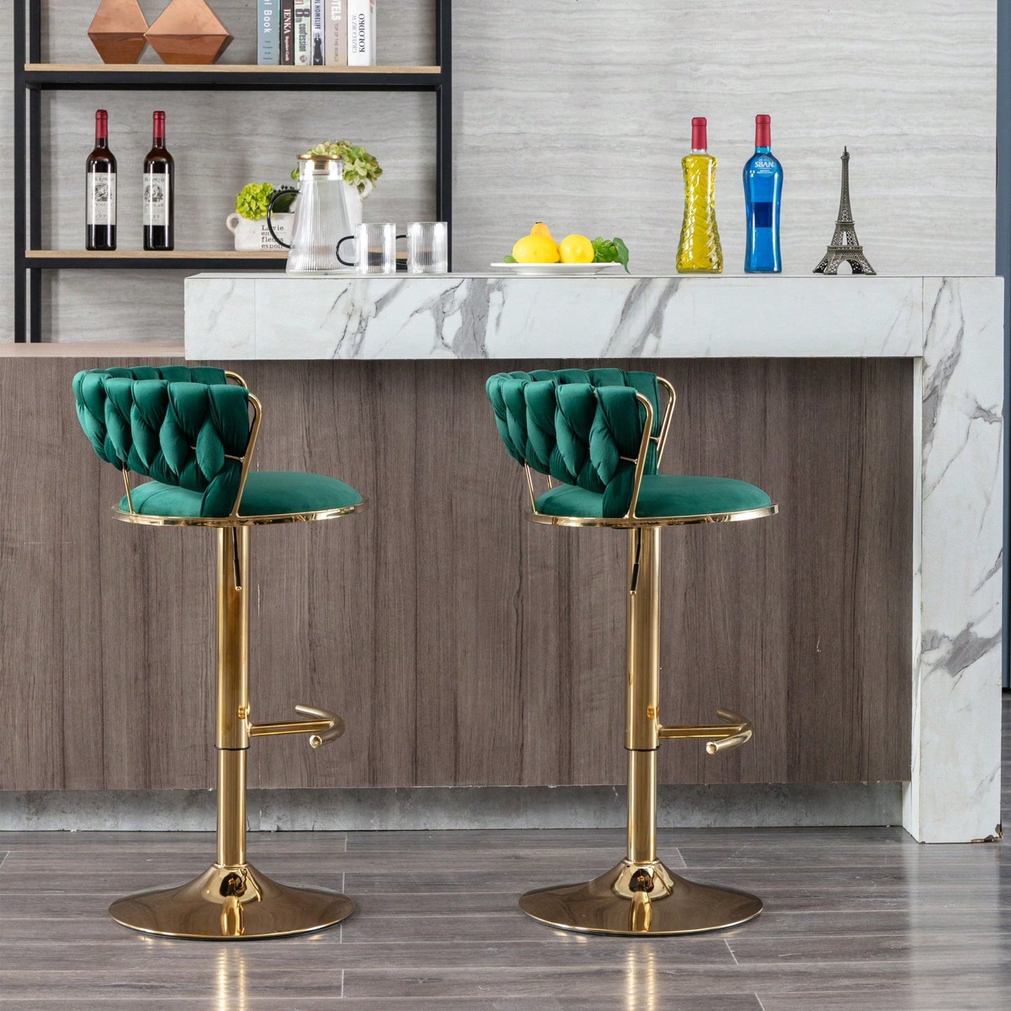 Set Of 2,  Bar Stools, Chrome Footrest Swivel Height Adjustable Mechanical Lifting Velvet + Golden Leg Simple Bar Stool - Green