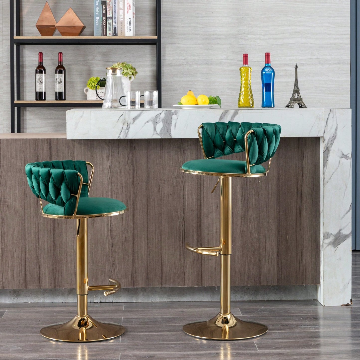 Set Of 2,  Bar Stools, Chrome Footrest Swivel Height Adjustable Mechanical Lifting Velvet + Golden Leg Simple Bar Stool - Green