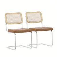Set of 2 Rattan Dining Chairs with High-Density Sponge PU Leather Electroplated Legs for Living Room and Bedroom