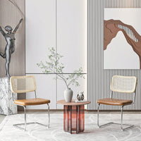 Set of 2 Rattan Dining Chairs with High-Density Sponge PU Leather Electroplated Legs for Living Room and Bedroom