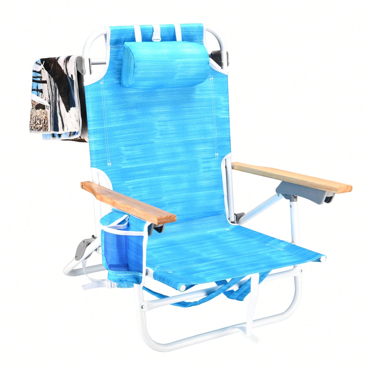 5-Position Adjustable Beach Chair with Towel Backpack and Cup Holder Lightweight Folding Outdoor Chair for Adults