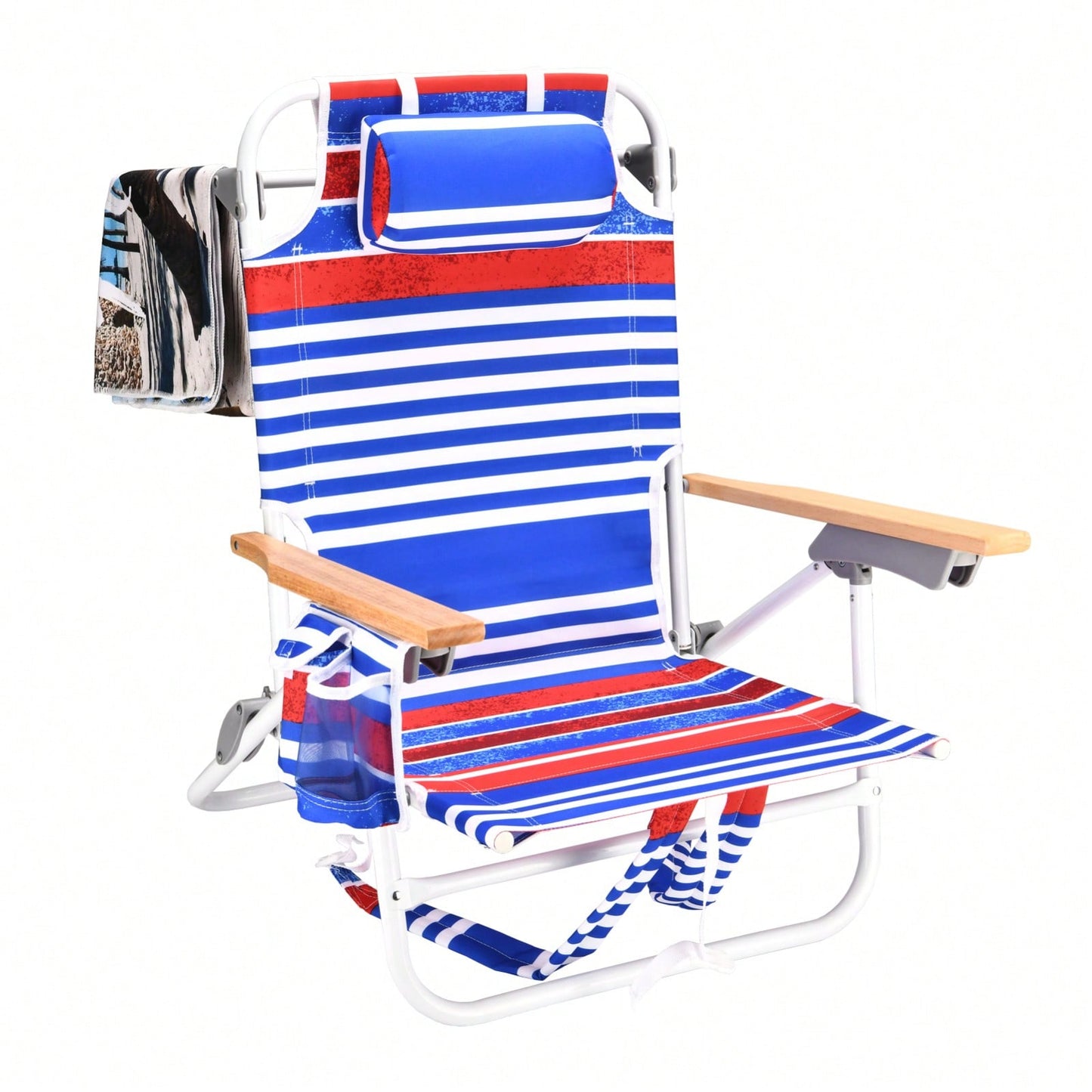 5-Position Adjustable Beach Chair with Towel Backpack and Cup Holder Lightweight Folding Outdoor Chair for Adults