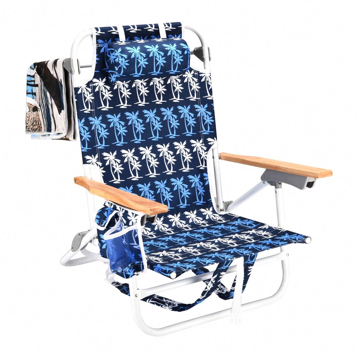 5-Position Adjustable Beach Chair with Towel Backpack and Cup Holder Lightweight Folding Outdoor Chair for Adults