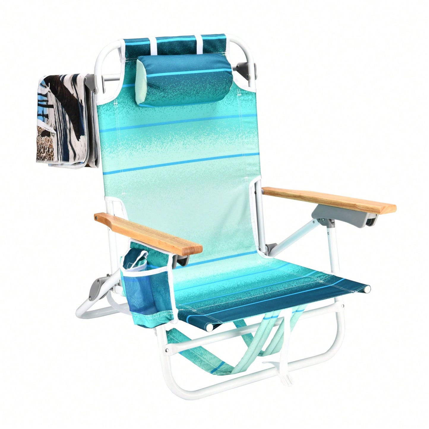 5-Position Adjustable Beach Chair with Towel Backpack and Cup Holder Lightweight Folding Outdoor Chair for Adults