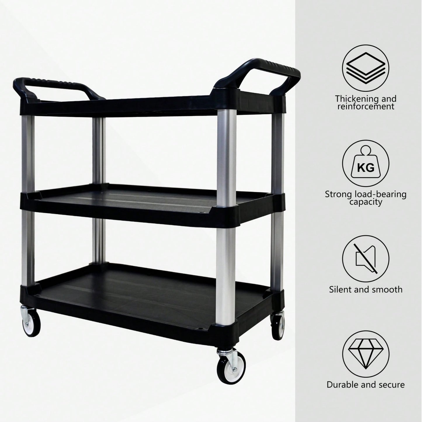 Three-Tier Heavy-Duty Plastic Tool Cart with Silent Casters Non-Slip Handrail and Reinforced Design for Easy Mobility