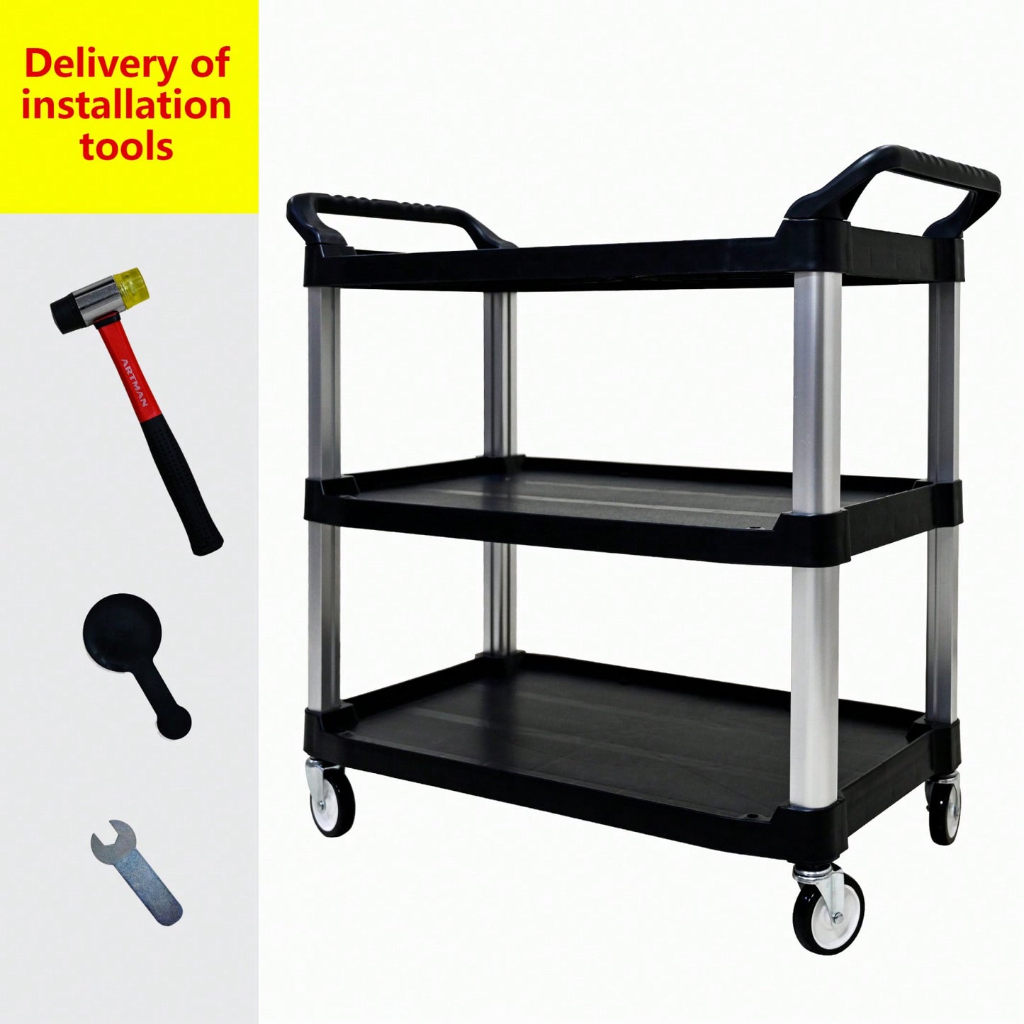 Three-Tier Heavy-Duty Plastic Tool Cart with Silent Casters Non-Slip Handrail and Reinforced Design for Easy Mobility