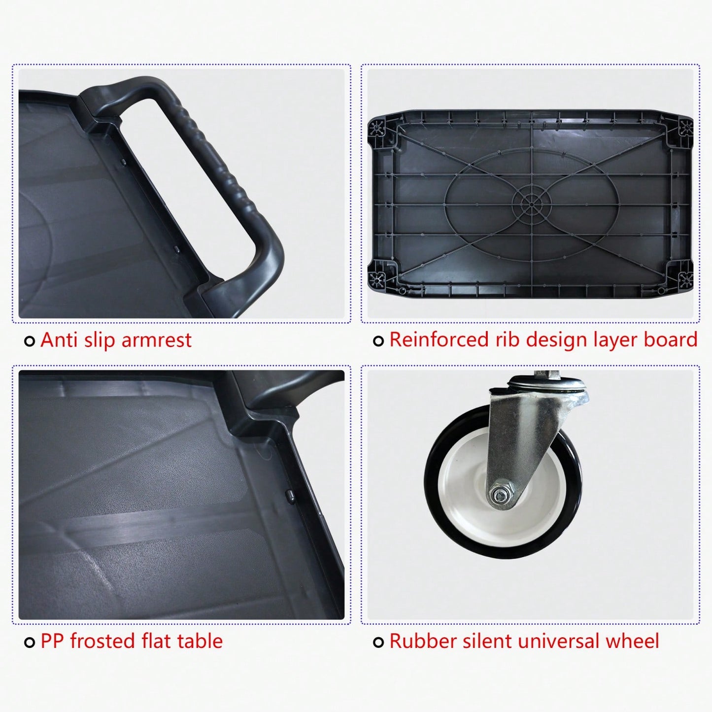 Three-Tier Heavy-Duty Plastic Tool Cart with Silent Casters Non-Slip Handrail and Reinforced Design for Easy Mobility